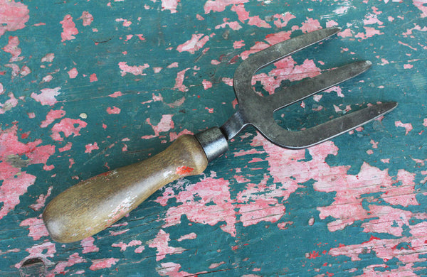 A Vintage Steel Hand Fork with Turned Beech Wood Handle