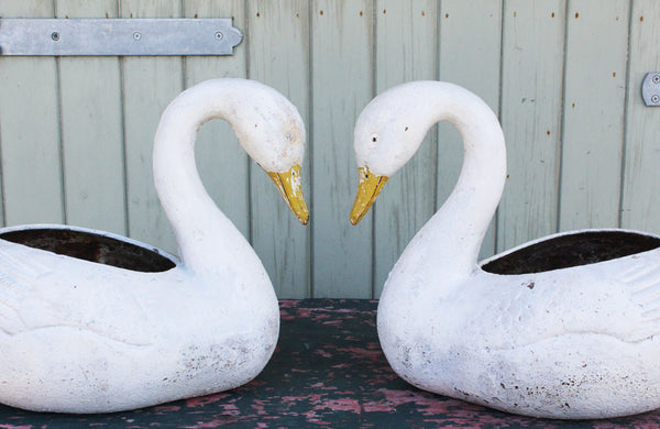 Pair of Vintage Cast Iron Swan Planters