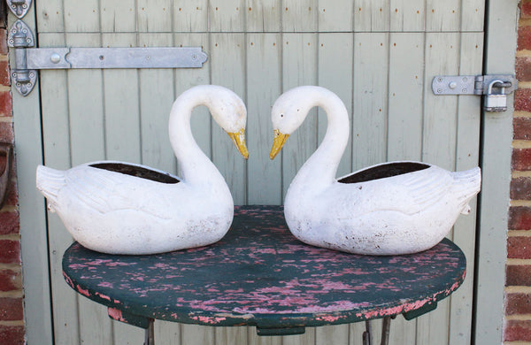 Pair of Vintage Cast Iron Swan Planters