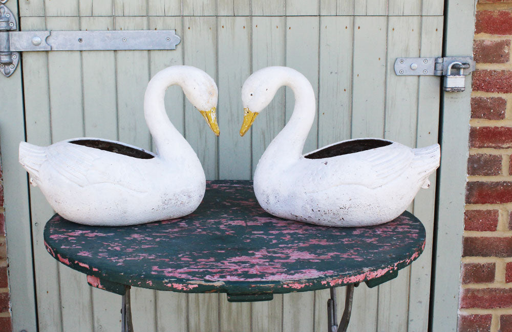 Pair of Vintage Cast Iron Swan Planters