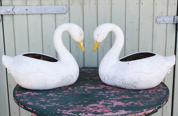 Pair of Vintage Cast Iron Swan Planters