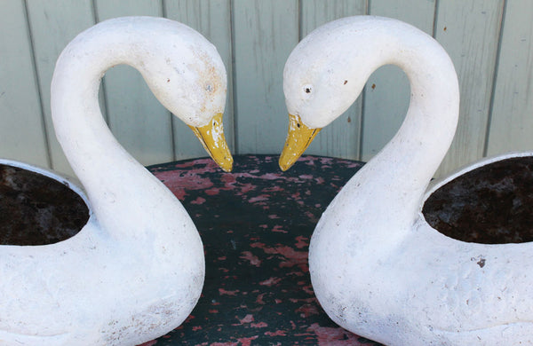 Pair of Vintage Cast Iron Swan Planters