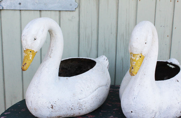 Pair of Vintage Cast Iron Swan Planters