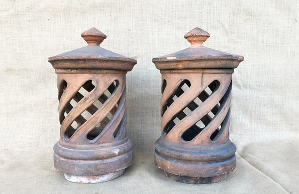 A Pair of Antique Terracotta Chimney Pots with Removable Lids