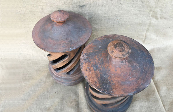 A Pair of Antique Terracotta Chimney Pots with Removable Lids
