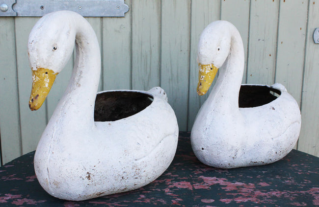 Pair of Vintage Cast Iron Swan Planters