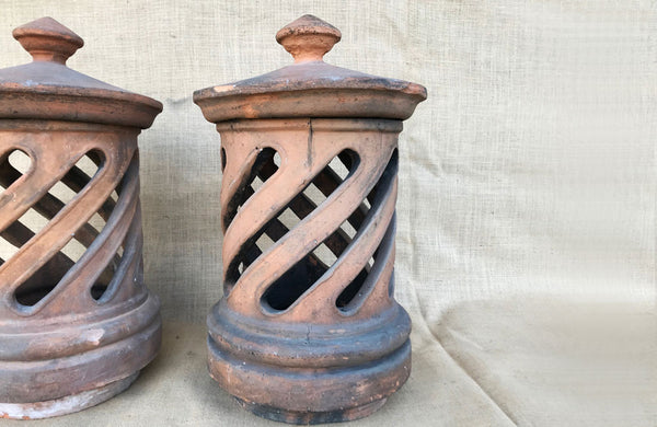 A Pair of Antique Terracotta Chimney Pots with Removable Lids